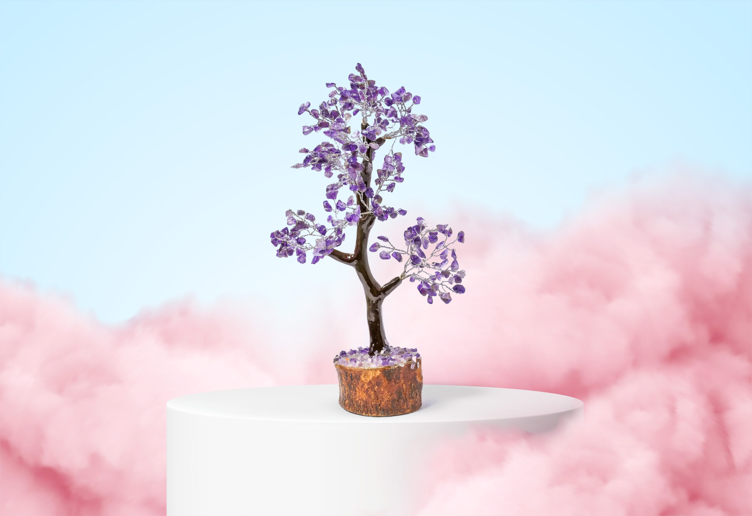 Blue background with a product podium surrounded by pink clouds. Smoke, fog, steam background. Vector illustration